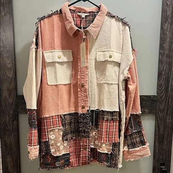 Bluevelvet Tops - Patchwork Button Down Shirt - Pink and Cream